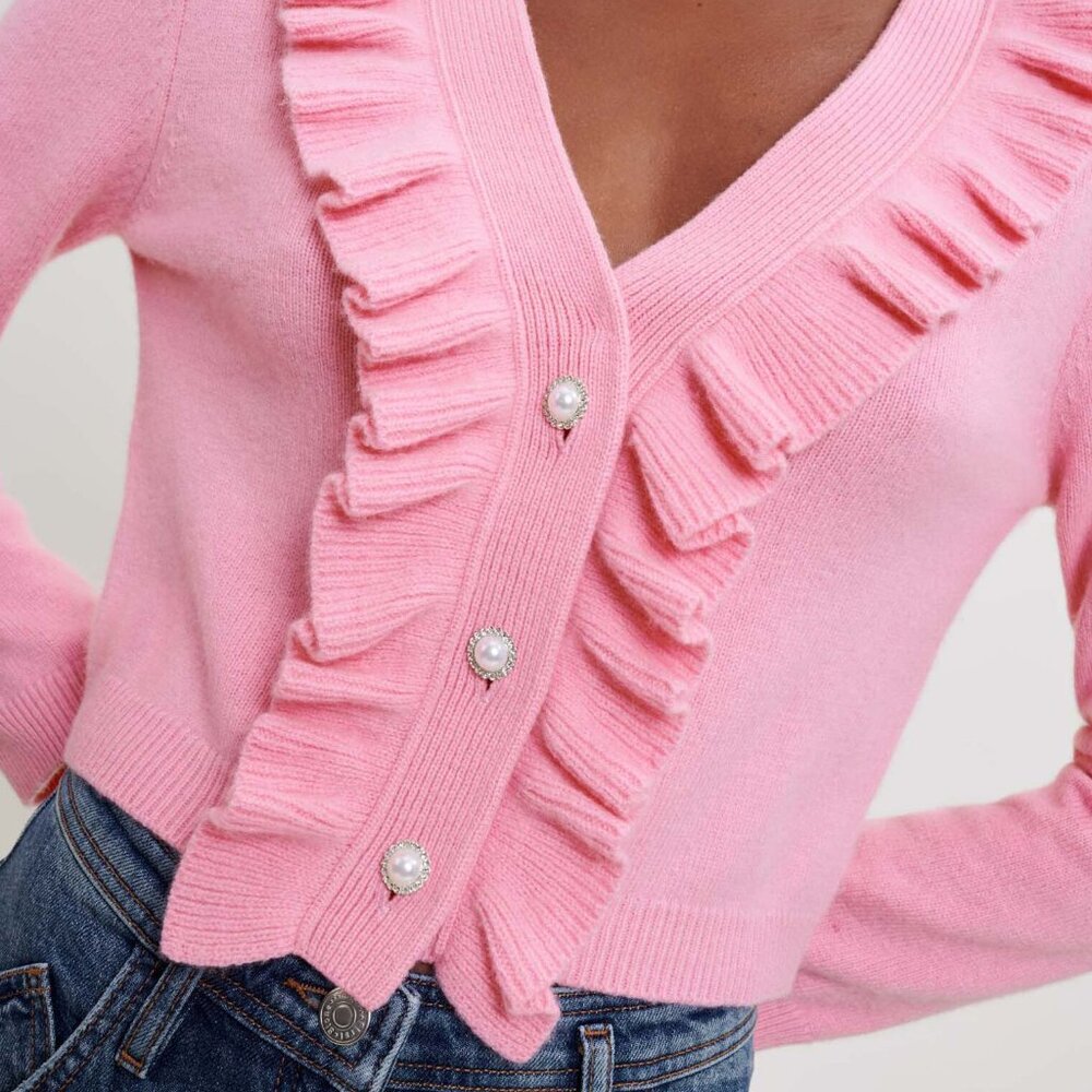 Maje Ruffled Wool-Blend Pink Cardigan - Picture 4 of 10